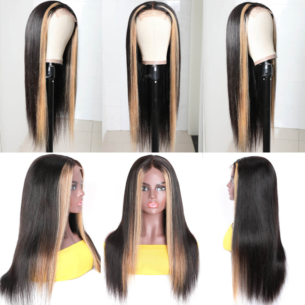 Highlight Ombre TL/27 Skunk Stripe Bone Straight Hair Wig 13x4 HD Lace Front Human Hair Wigs Pre Plucked Glueless Wig-Geeta Hair