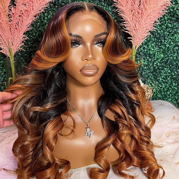No Code Need: Brown Balayage On Black Hair Body Wave Highlight Hd Transparent Lace Human Hair Wigs-Geeta Hair