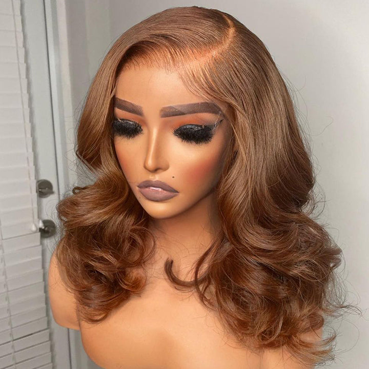 No Code Need: Brown Body Wave Medium Length Transparent Lace Human Hair Bob Wigs-Geeta Hair