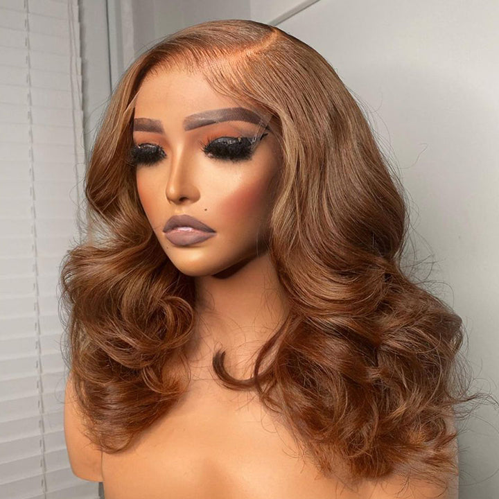 No Code Need: Brown Body Wave Medium Length Transparent Lace Human Hair Bob Wigs-Geeta Hair