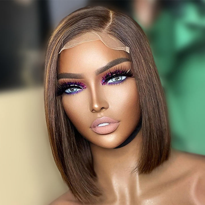 No Code Need: Brown Bone Straight Human Hair Bob Wigs-Geeta Hair