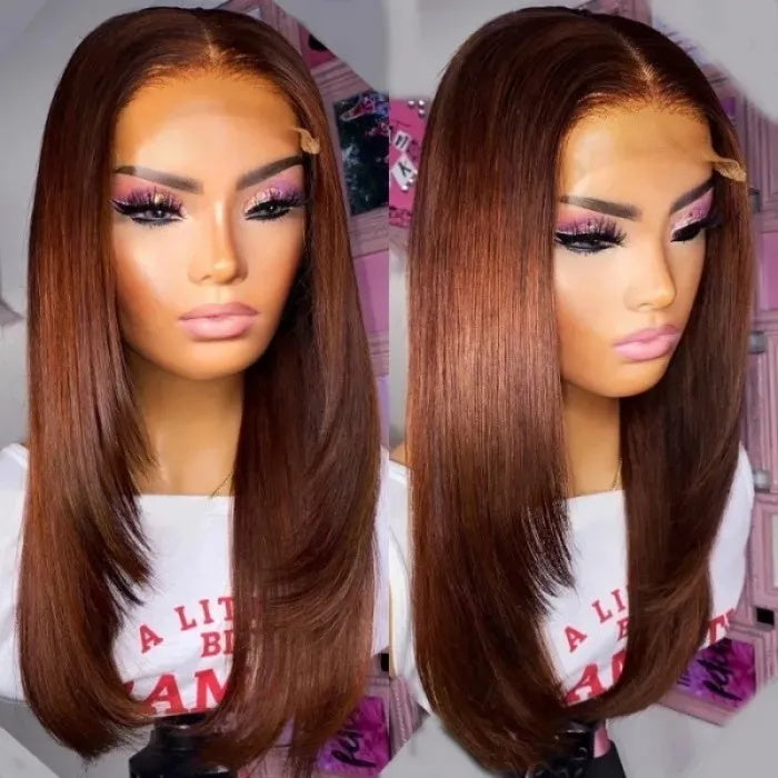 Ombre Brown Straight Layered Lace Front Wig 13x4/4x4 HD Lace Chocolate Brown Butterfly Haircut Human Hair Wigs-Geeta Hair