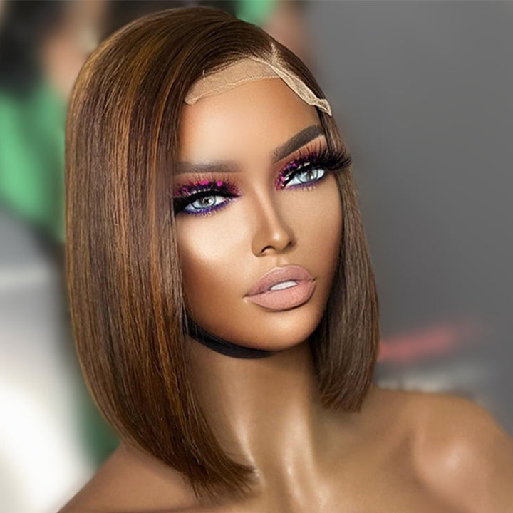 No Code Need: Brown Bone Straight Human Hair Bob Wigs-Geeta Hair