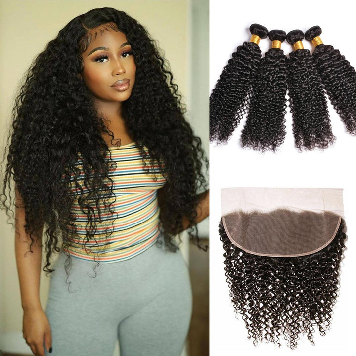 GeetaHair Long Curly Hair 4 Bundles With 13x4 Ear To Ear Lace Frontal Virgin Human Hair