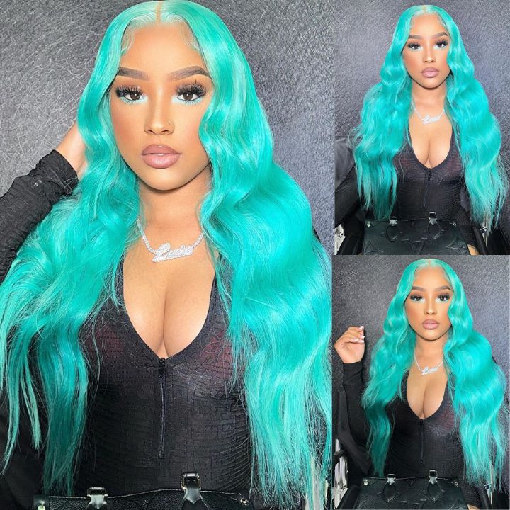 Over $101 Save $100: 6x4.5 Mint Green Body Wave Pre Cut HD Transaparent Lace Human Hair Wigs - Spring 2023 Flash Sale