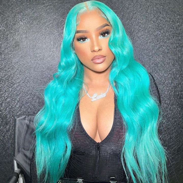 Over $101 Save $100: 6x4.5 Mint Green Body Wave Pre Cut HD Transaparent Lace Human Hair Wigs - Spring 2023 Flash Sale