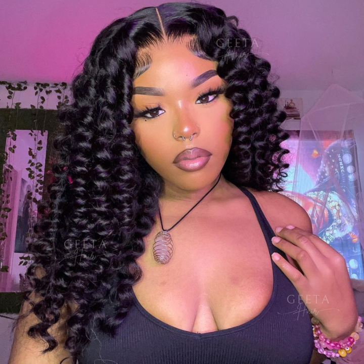 Glueless Bouncy Curly Hair 13x4 Transparent Lace Front Wig Pre Plucked Hairline Wand Curl Human Hair wigs-Geeta Hair