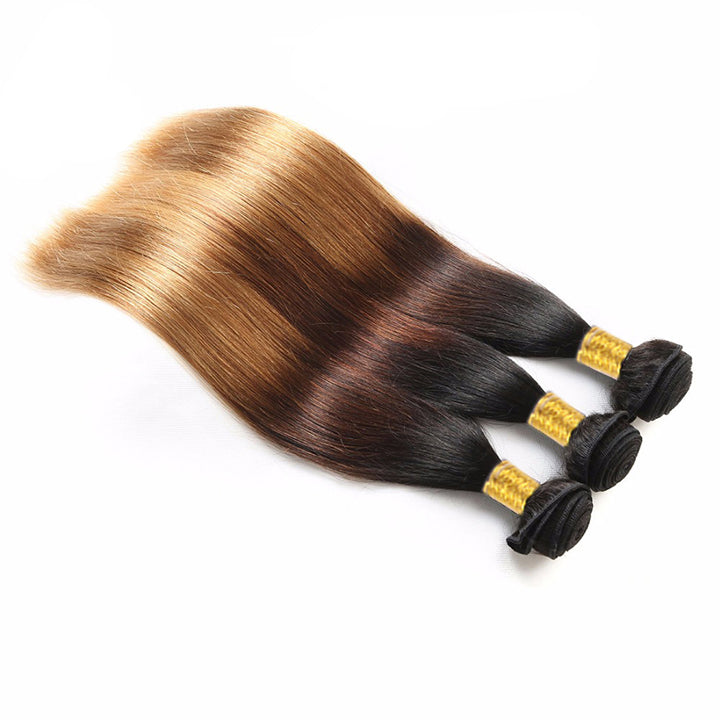 GeetaHair Straight Blonde Human Hair 3 Bundles With 4x4 Lace Closure 3Tone (T1b427) 100% Human Hair Extension Weaves
