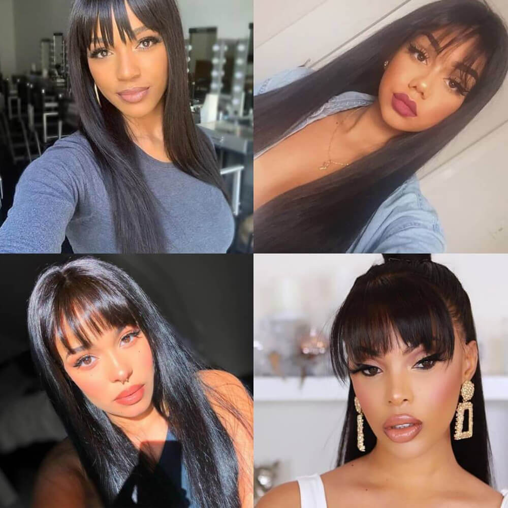 Long Straight Hair With Bangs Real Human Hair Wig Natural Black Hair Wig -Geeta Hair