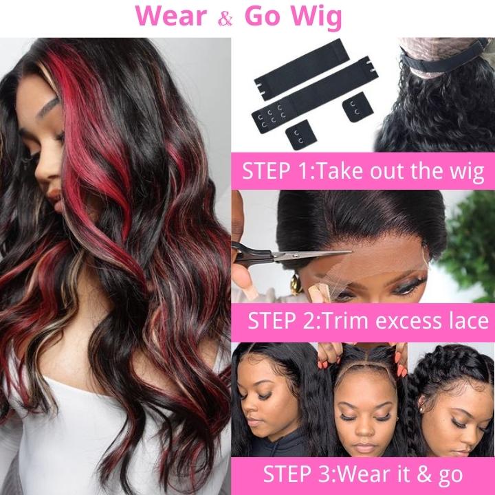 Over $101 Save $100: Highlight Black with Red & Blonde Straight/Body Wave 13x4 Lace Front Wig - Spring 2023 Flash Sale