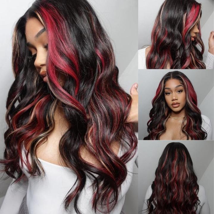 Over $101 Save $100: Highlight Black with Red & Blonde Straight/Body Wave 13x4 Lace Front Wig - Spring 2023 Flash Sale
