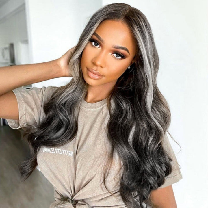 platinum blonde balayage on black hair 4x4/13x4 HD Lace Wig Highlight Body Wave Human Hair Wigs