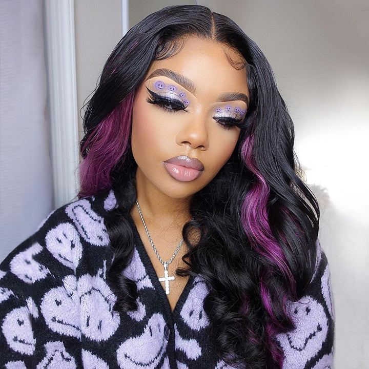 Skunk Stripe Hair Body Wave Lace Front Wig With Dark Purple Highlight HD Transparent Lace Human Hair Wigs