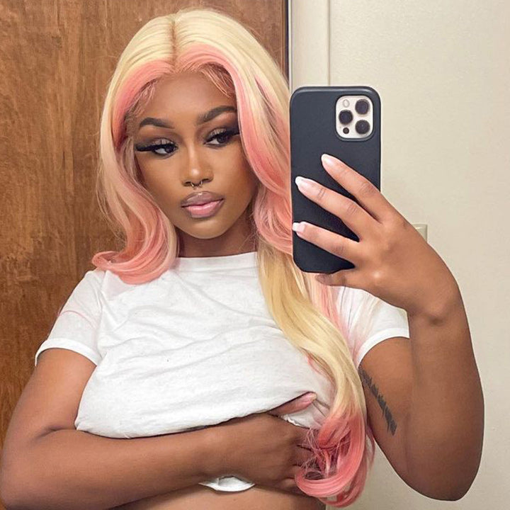 Skunk Stripe Hair Body Wave Lace Front Wig With Pink Highlight HD Transparent Lace Human Hair Wigs