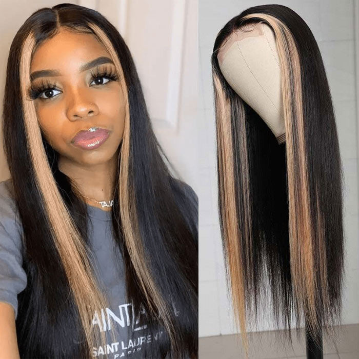 Highlight Ombre TL/27 Skunk Stripe Bone Straight Hair Wig 13x4 HD Lace Front Human Hair Wigs Pre Plucked Glueless Wig-Geeta Hair