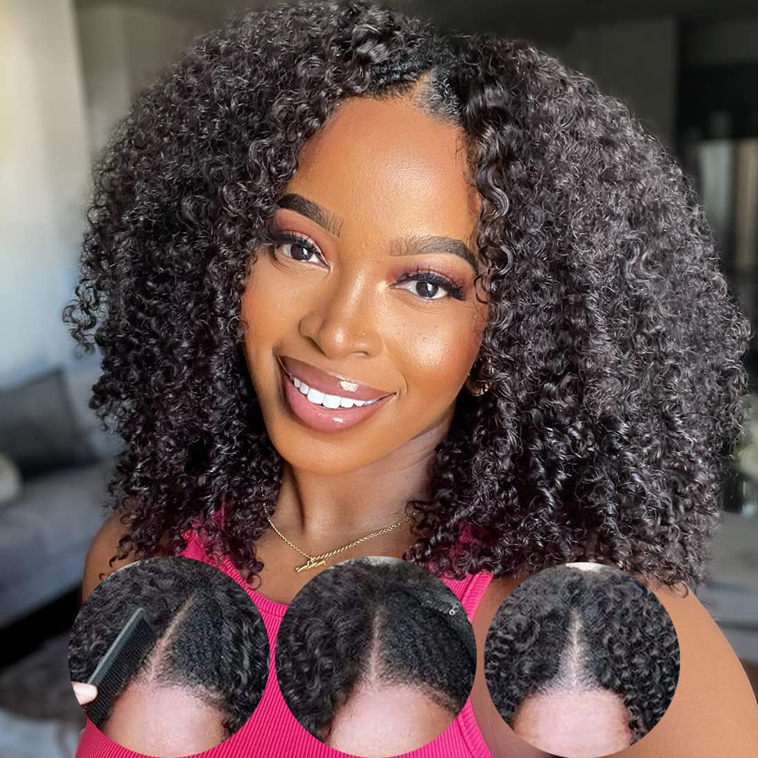 Kinky Curly V Part Wig Beginner Friendly No Glue 100% Virgin Human Hair Wig-Geeta Hair