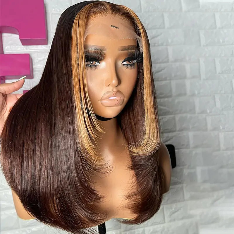 Layer Cut Wigs Brown With Blonde Short Bob Wig Layered Straight1 3X4 Lace Front Human Hair Wigs 180% Density
