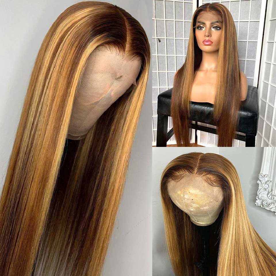 Long Straight Hair Honey Blonde Highlights T Part  Lace Front Wig Pre Plucked With Baby Hair 100% Virgin Humam Hair Wig-Geeta Hair
