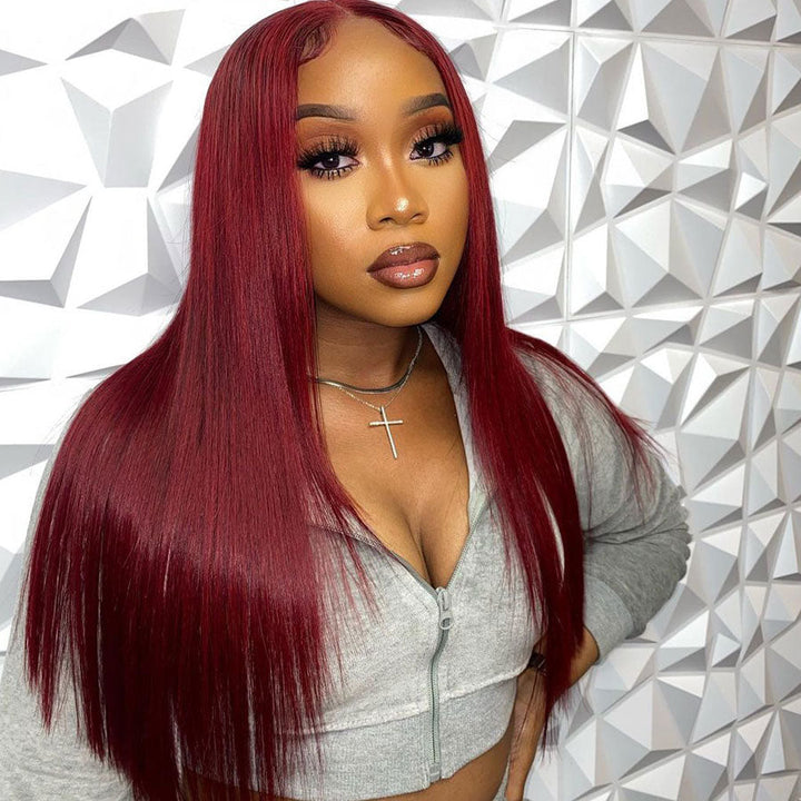 Long Straight Hair 99j Burgundy T Part Lace Front Wig Glueless Pre Plucked With Baby Hair 100% Virgin Human Hair Wig-Geeta Hair
