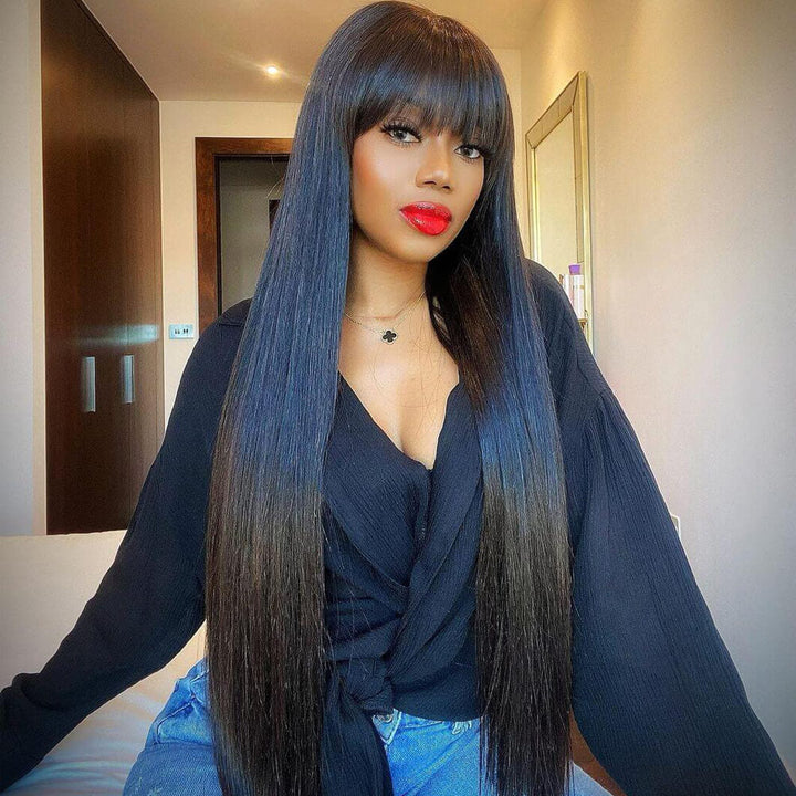 Long Straight Hair With Bangs Real Human Hair Wig Natural Black Hair Wig -Geeta Hair