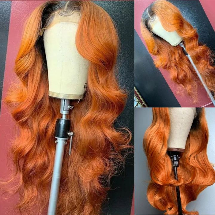 Over $101 Save $100: Orange Ginger Body Wave Wig With Black Roots -Spring 2023 Flash Sale