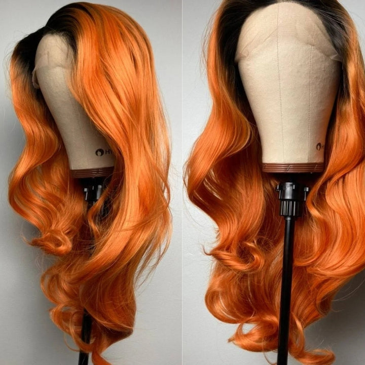 Over $101 Save $100: Orange Ginger Body Wave Wig With Black Roots -Spring 2023 Flash Sale