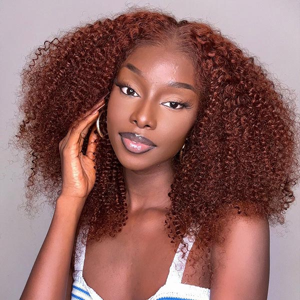 Pre Bleached Reddish Brown Afro Kinky Curly Lace Front Wigs Pre Blucked Glueless Wig 180% Density