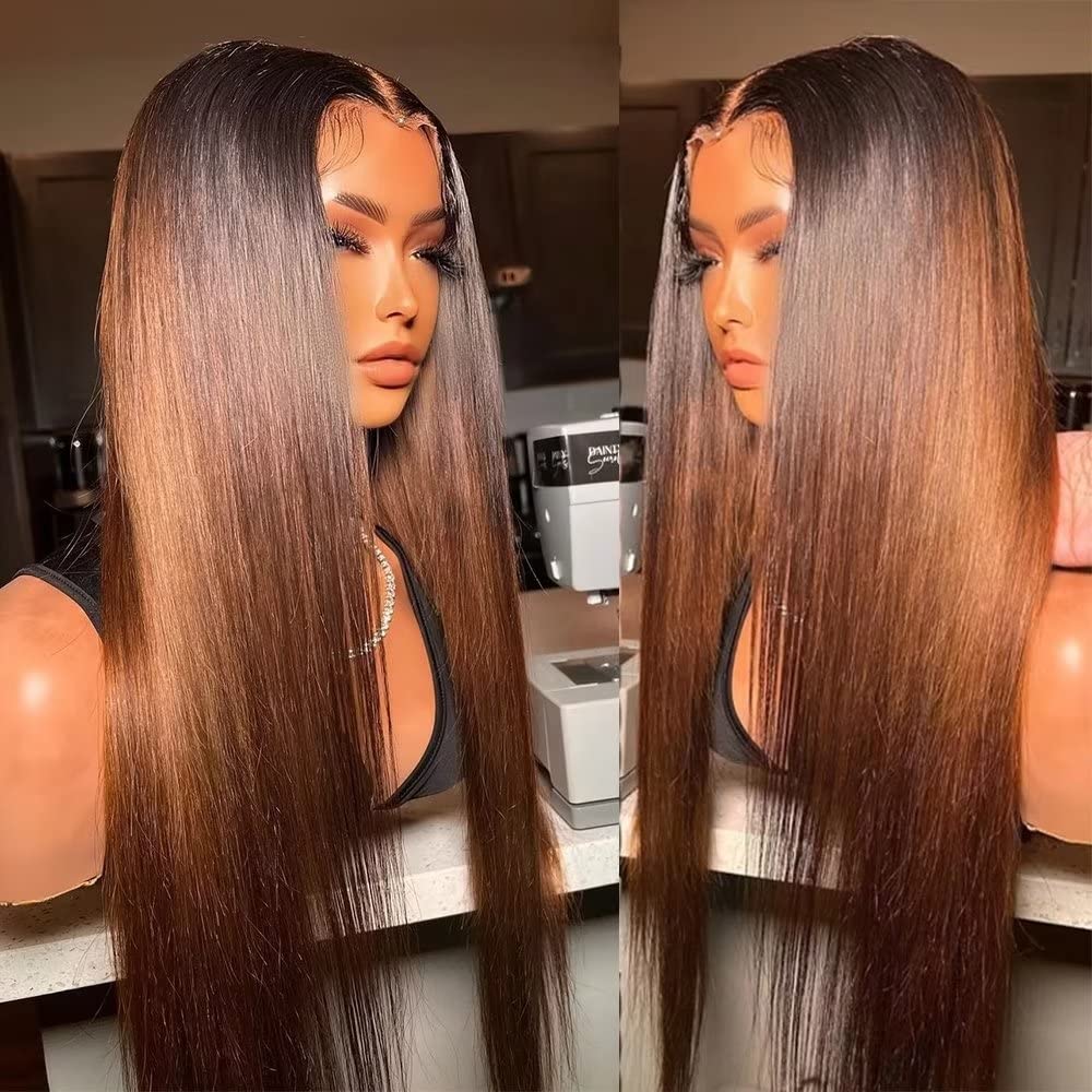 Pre Bleached Knots Wear and Go Straight Wigs 13x4 HD Lace Front Wig Human Hair Ombre Colored Wig 180% Density