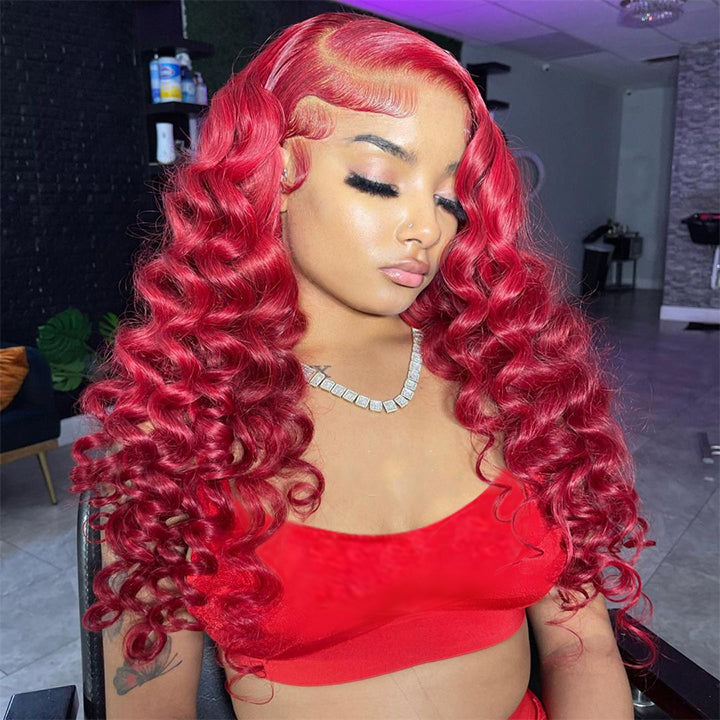 Red Loose Deep Wave Lace Front Wig Colored HD Transparent Lace Human Hair Wigs