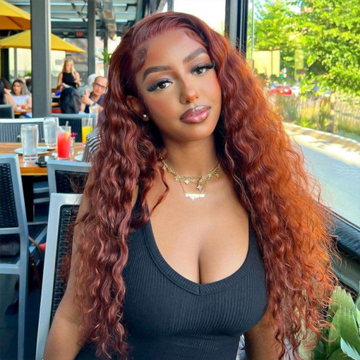 Reddish Brown Water Wave 13x4 Glueless HD Lace Front Wig Auburn Colored Transparent 5x5 Closure Lace Human Hair Wigs