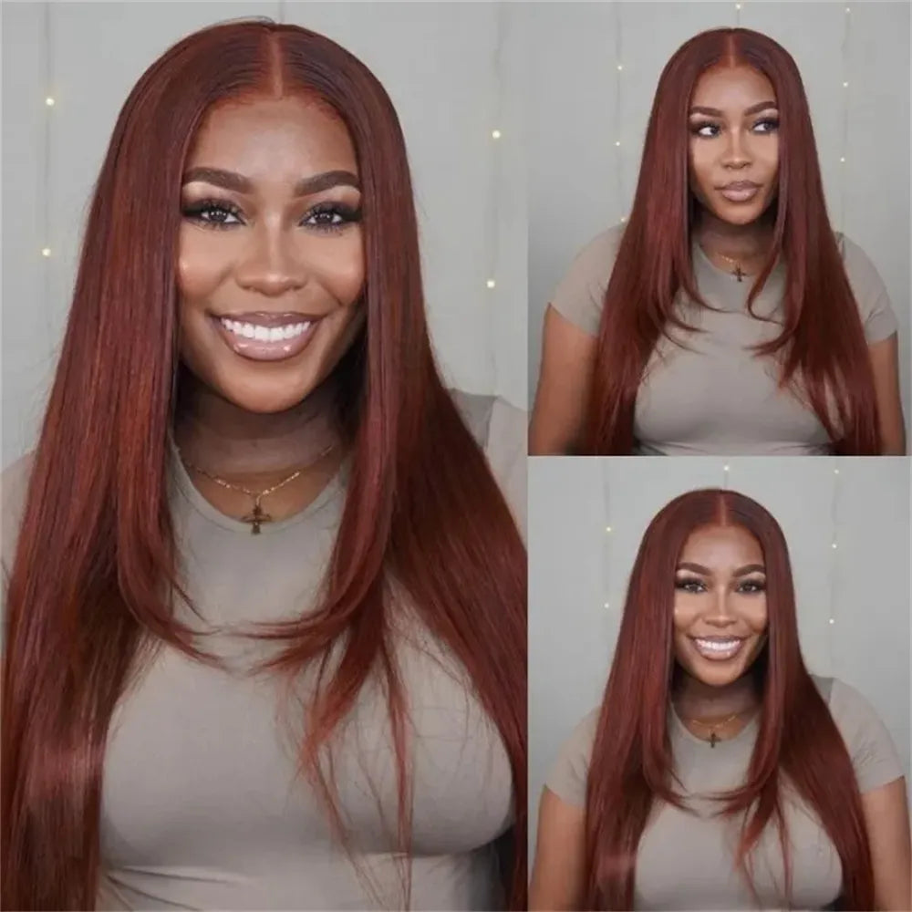 Layered Straight 13x4/4x4 Reddish Brown Lace Frontal Wig HD Transparent Human Hair Wigs Auburn Colored 33# Wig-Geeta Hair