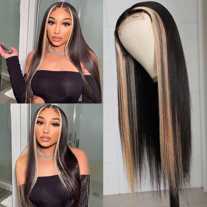 Highlight Ombre TL/27 Skunk Stripe Bone Straight Hair Wig 13x4 HD Lace Front Human Hair Wigs Pre Plucked Glueless Wig-Geeta Hair