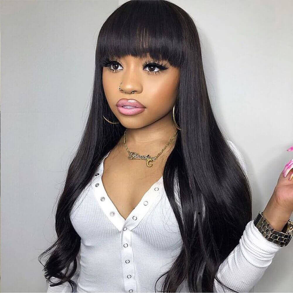 Long Straight Hair With Bangs Real Human Hair Wig Natural Black Hair Wig -Geeta Hair
